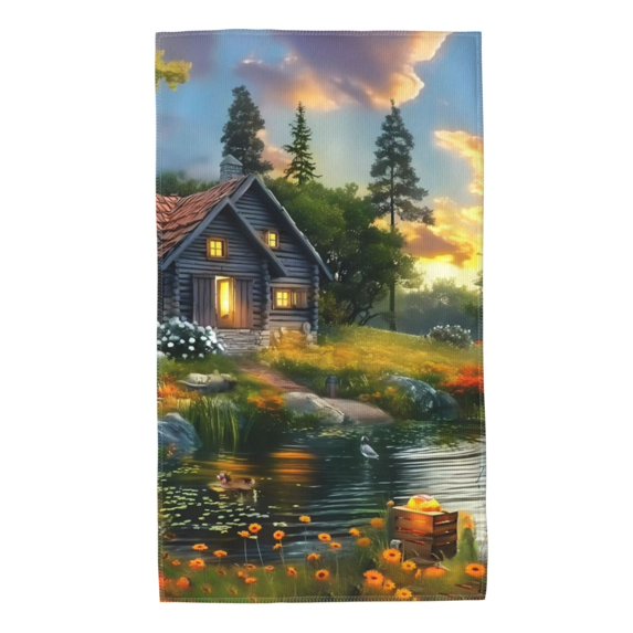 Kdxio Hand Towel Cozy Cottage Lakeside Sunset for Bathroom Kitchen Fingertip Bath Towels 27.5 x 16 Inch Home Hotel Gym Laundry Room