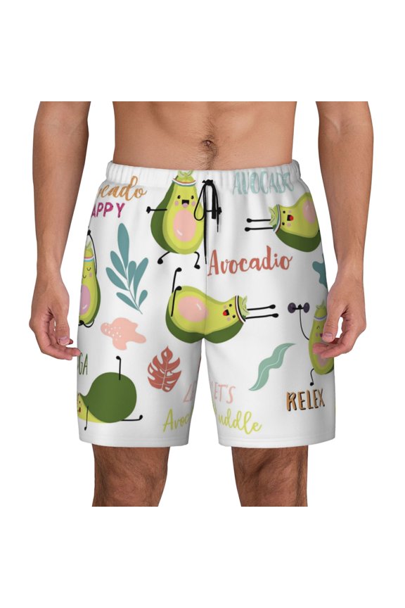 Happy Avocado Print Men'S Swim Trunks With Compression Liner 7 Inch Inseam Quick Dry Swim Shorts