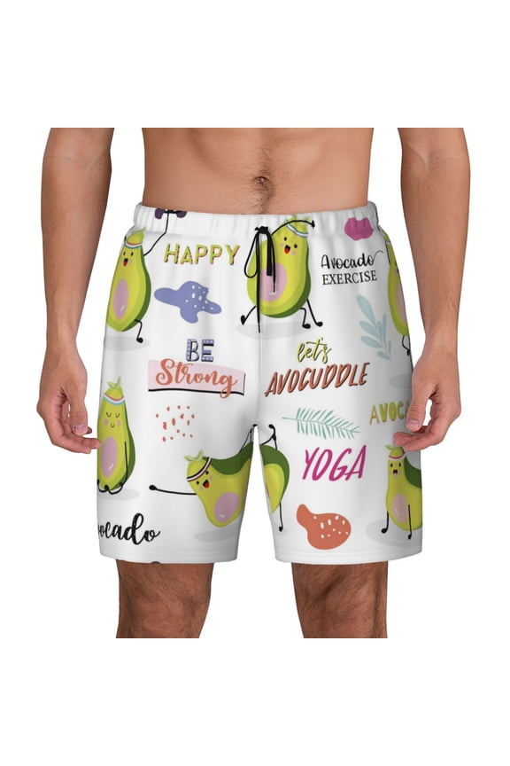 Happy Avocado Print Men'S Swim Trunks With Compression Liner 7 Inch Inseam Quick Dry Swim Shorts