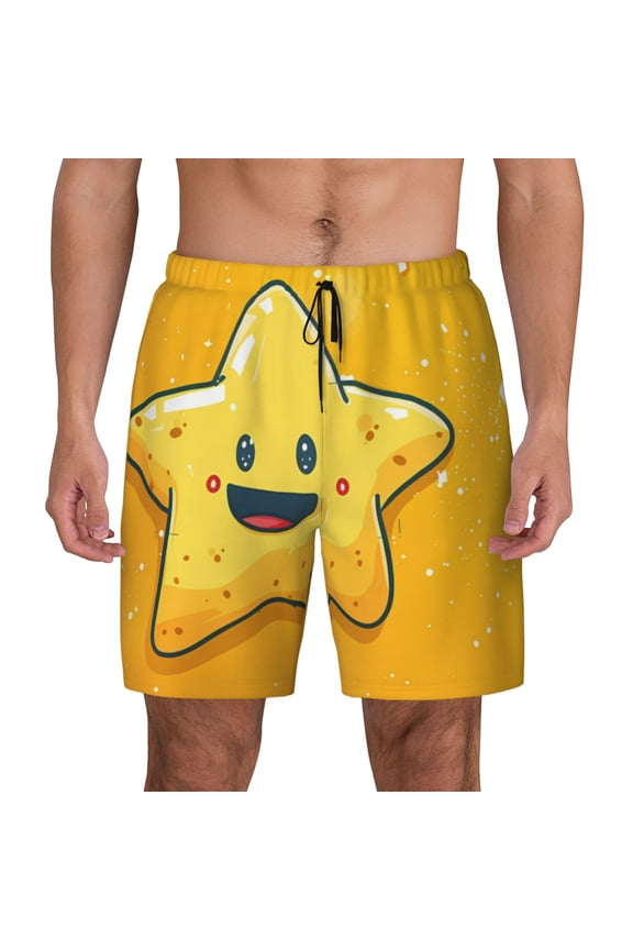 Happy Cartoon Star Print Men's Swim Trunks with Compression Liner 7 Inch Inseam Quick Dry Swim Shorts