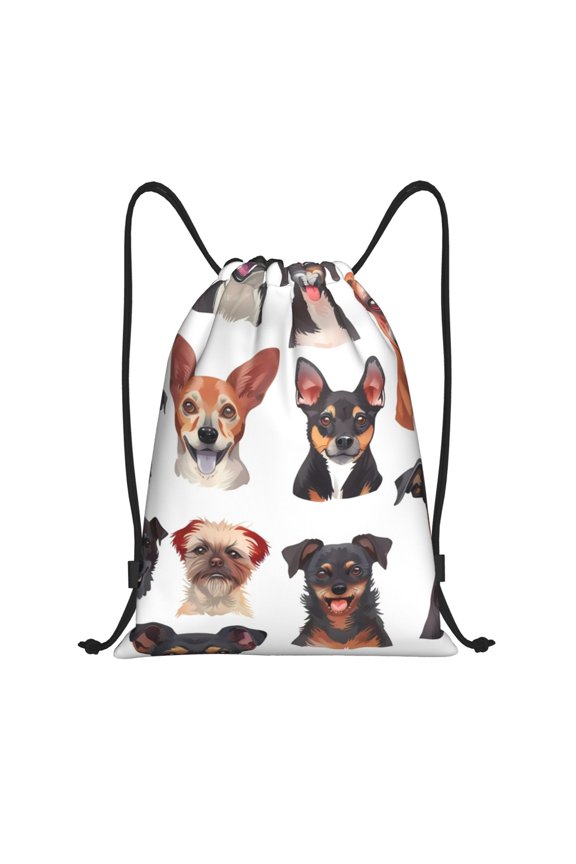 Happy Dog Faces Collage Print Drawstring Backpack Bag,Waterproof Draw String Back Sack, Gym Drawstring Bags Swim Bag For Unisex