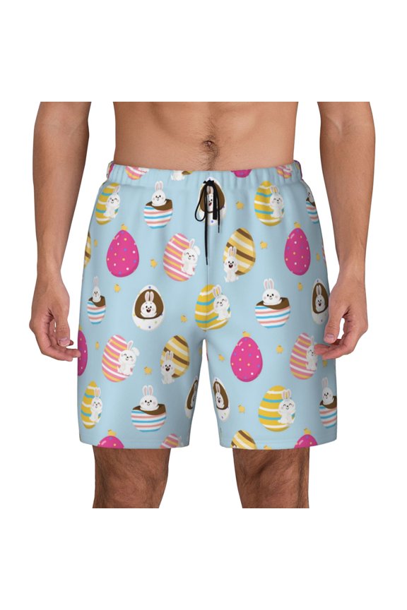 Happy Easter Print Men's Swim Trunks with Compression Liner 7 Inch Inseam Quick Dry Swim Shorts