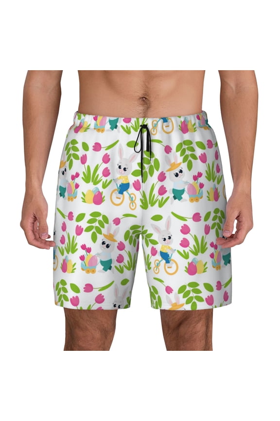 Happy Easter Print Men's Swim Trunks with Compression Liner 7 Inch Inseam Quick Dry Swim Shorts