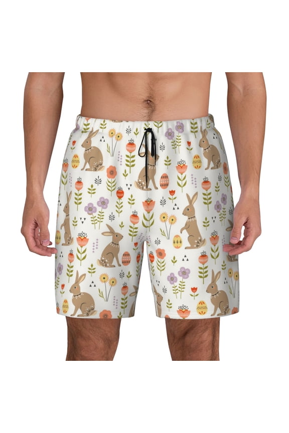 Happy Easter Print Men's Swim Trunks with Compression Liner 7 Inch Inseam Quick Dry Swim Shorts