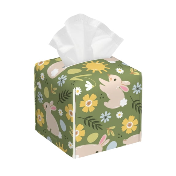 Kdxio Happy Easter Print Tissue Box Cover,Square Decorative PU Leather Facial Paper Case Organizer Holder Dispenser for Bathroom,Night Stands,Desk,Car 5.2''X5.2''X5.2''
