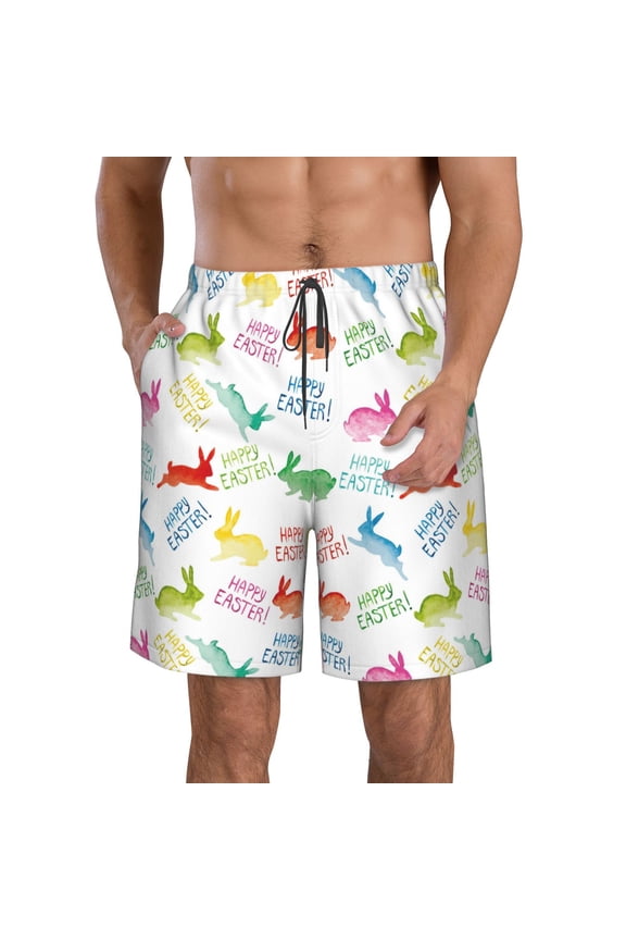 Happy Easter Rabbit Pattern Mens Casual Shorts - Drawstring Summer Beach Sports Shorts for Men