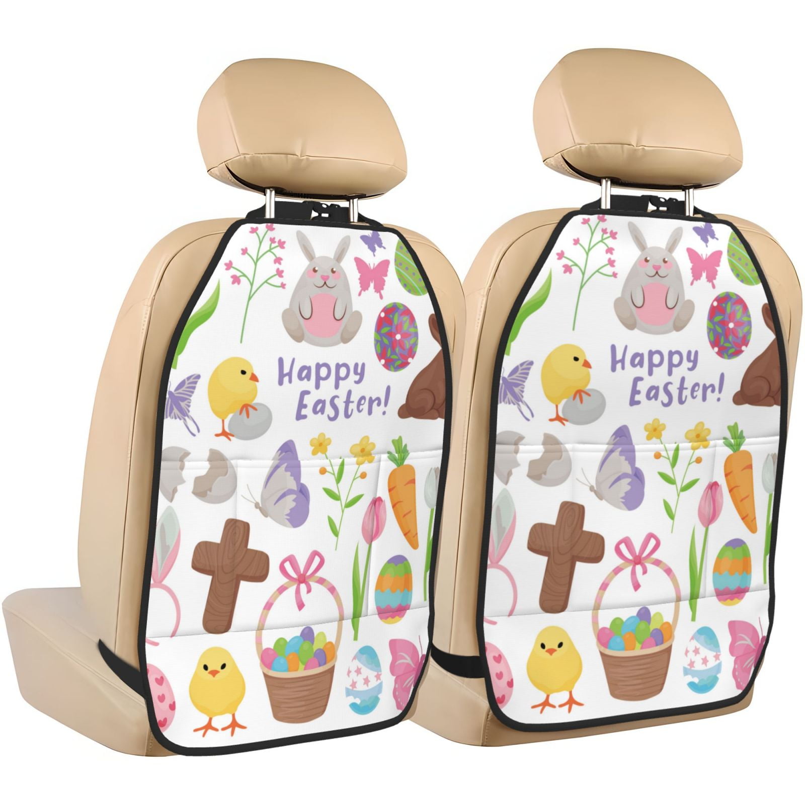 Kdxio Happy Easter1 Print 2 Pack Car Kick Mat Seat Cover Back Protector Mat with Pockets for Organizer Backseat Protector and Storage Anti Kick Pad for Vehicles