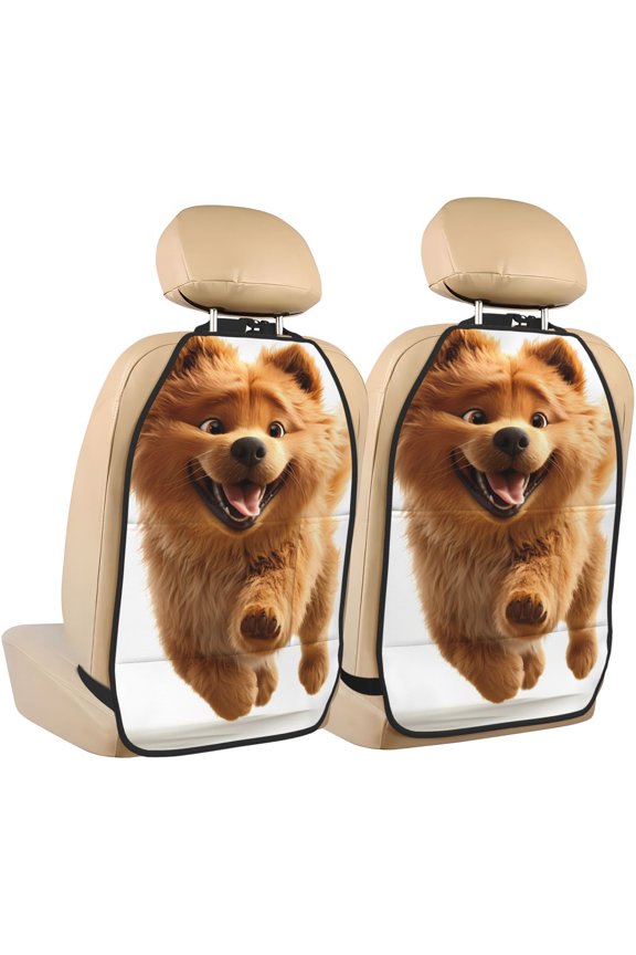 Happy Fluffy Running Dog Print 2 Pack Car Kick Mat Seat Cover Back Protector Mat with Pockets for Organizer Backseat Protector and Storage Anti Kick Pad for Vehicles