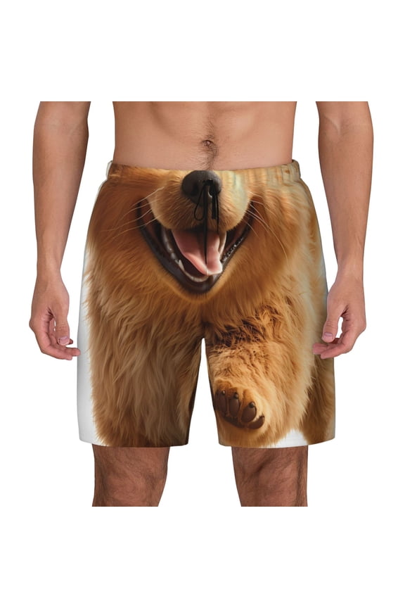 Happy Fluffy Running Dog Print Men's Swim Trunks with Compression Liner 7 Inch Inseam Quick Dry Swim Shorts