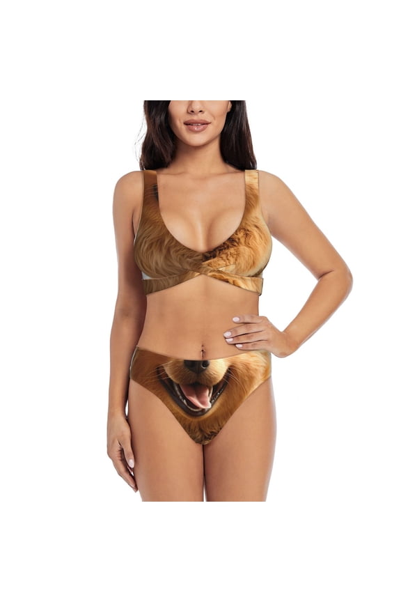 Happy Fluffy Running Dog Print Women's 2 Piece High Waisted Wrap Spaghetti Strap Summer Swimsuit Bikini Set-Medium