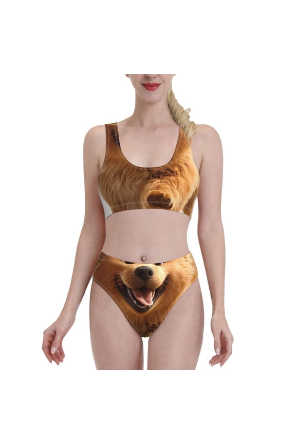 Happy Fluffy Running Dog for Womens High Waisted Bikini Top Sports Style Two Piece Bathing Suits