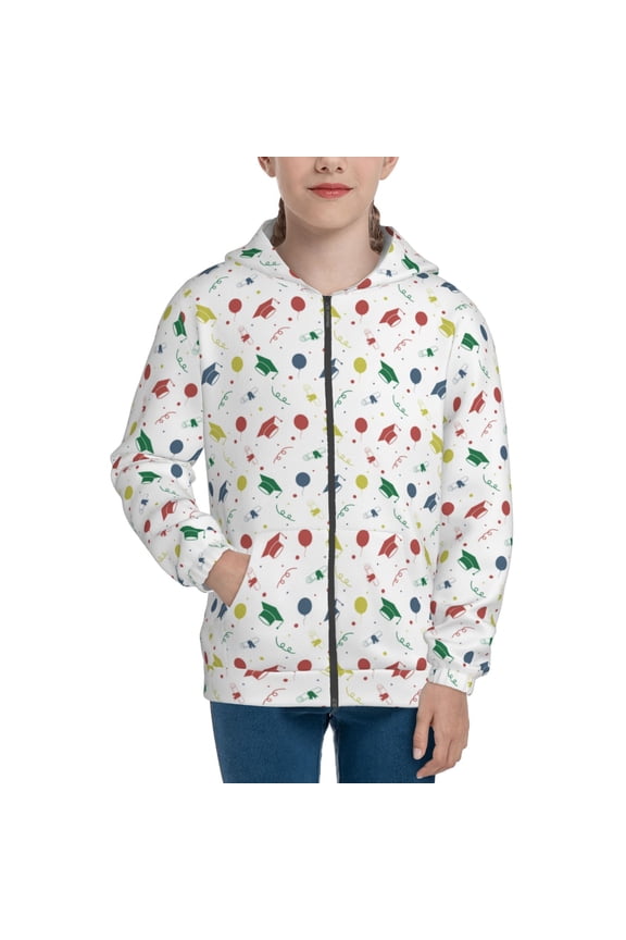 Happy Graduation Pattern Kids Boys Girls Zip Up Hoodie 3D Printed Hooded Sweatshirt Hoody Coat with Pocket 7-12 Y-Small