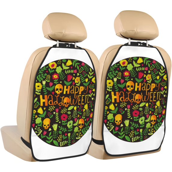 Kdxio Happy Halloween Floral Print 2 Pack Car Kick Mat Seat Cover Back Protector Mat with Pockets for Organizer Backseat Protector and Storage Anti Kick Pad for Vehicles