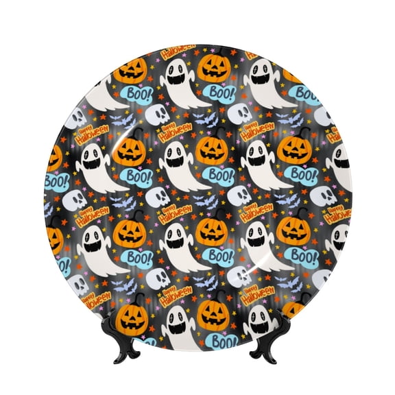 Kdxio Happy Halloween2 Bone China Decorative Plate Ceramic Decorative Plate for Home Office Wall Stand Decorative Plates for Home Bedroom-7in