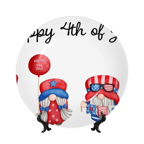 Kdxio Happy Independence Day Gnome Bone China Decorative Plate Ceramic Decorative Plate for Home Office Wall Stand Decorative Plates for Home Bedroom-10in