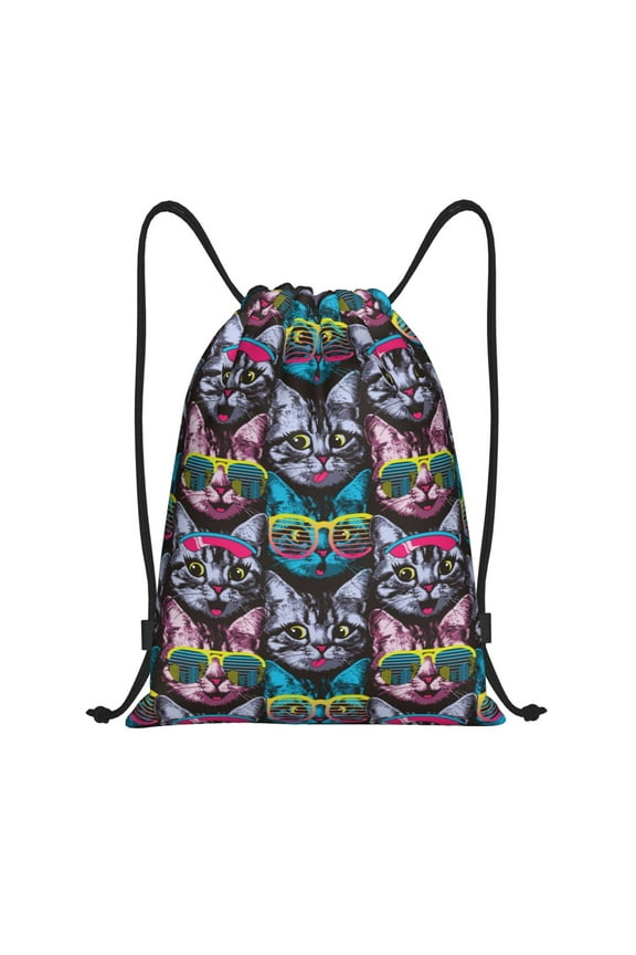 Happy Kitten Faces Print Drawstring Backpack Bag,Waterproof Draw String Back Sack, Gym Drawstring Bags Swim Bag For Unisex