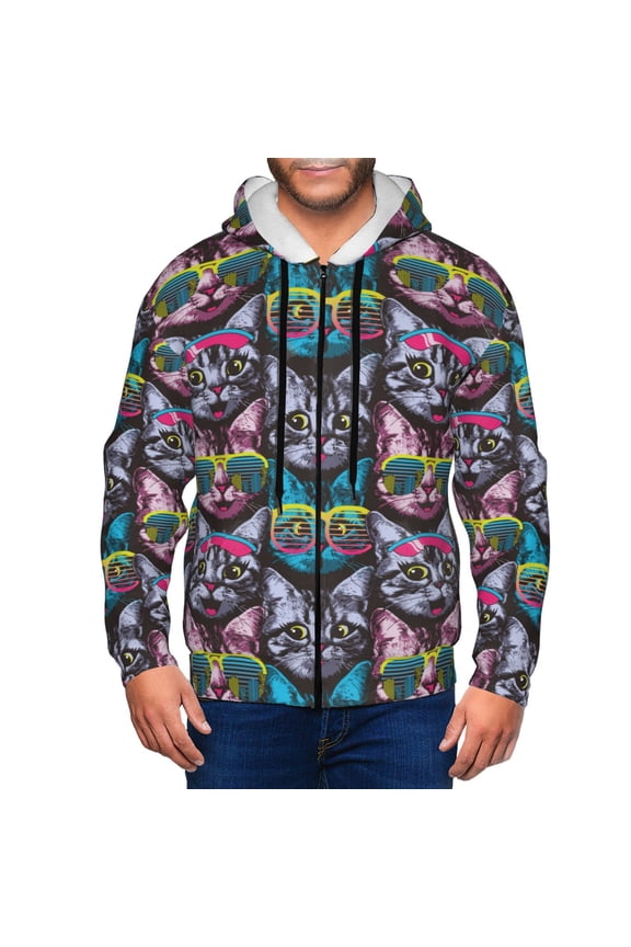 Happy Kitten Faces Print Men Hoodies Casual Hoodies for Men with Zip Pockets Full Zip Long Sleeve Sweatshirt Sports Hooded Jacket-Large