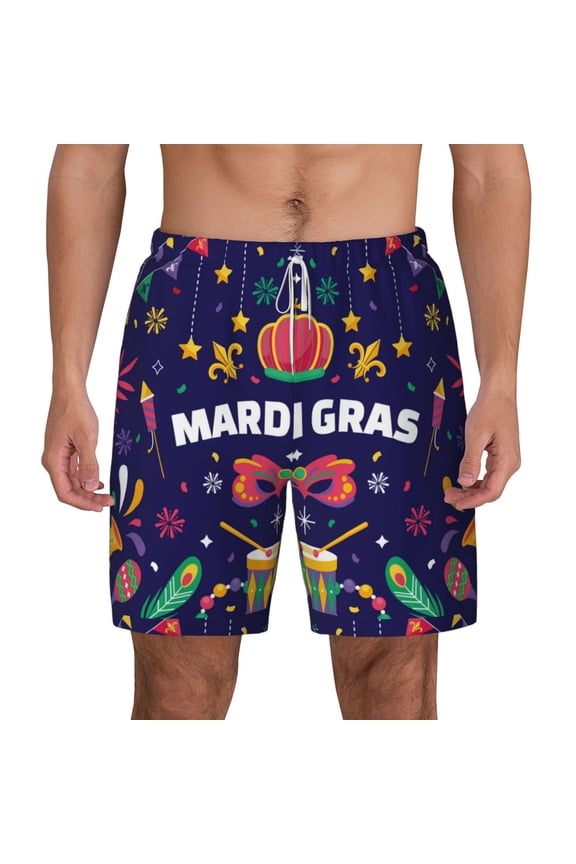 Happy Mardi Gras Print Men'S Swim Trunks With Compression Liner 7 Inch Inseam Quick Dry Swim Shorts