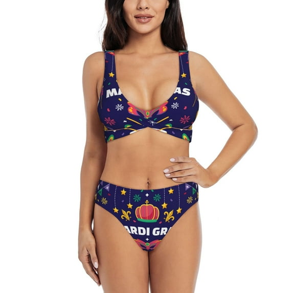 Kdxio Happy Mardi Gras Print Women's 2 Piece High Waisted Wrap Spaghetti Strap Summer Swimsuit Bikini Set-Small