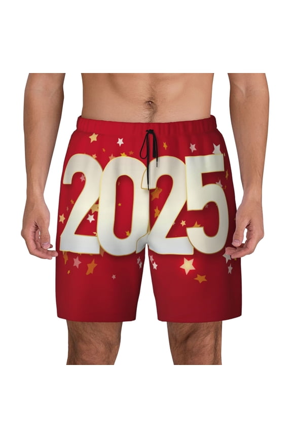 Happy New 2025 Year Print Men's Swim Trunks with Compression Liner 7 Inch Inseam Quick Dry Swim Shorts