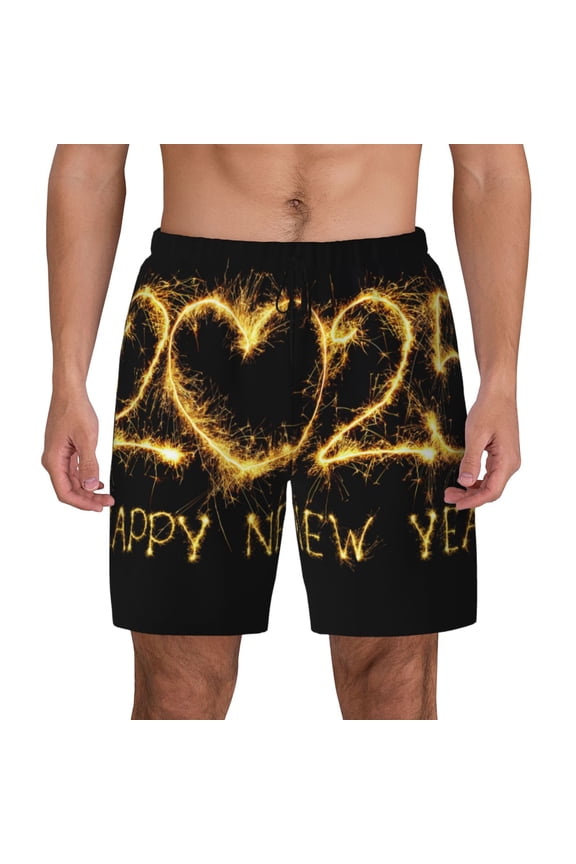 Happy New Year 2025 D Print Men's Swim Trunks with Compression Liner 7 Inch Inseam Quick Dry Swim Shorts