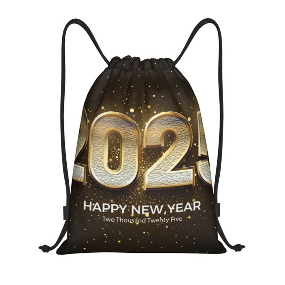 Kdxio Happy New Year 2025 E Print Drawstring Backpack Bag,Waterproof Draw String Back Sack, Gym Drawstring Bags Swim Bag For Unisex