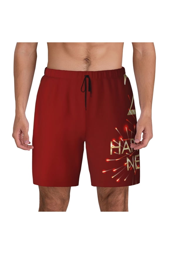 Happy New Year 2025 Print Men's Swim Trunks with Compression Liner 7 Inch Inseam Quick Dry Swim Shorts