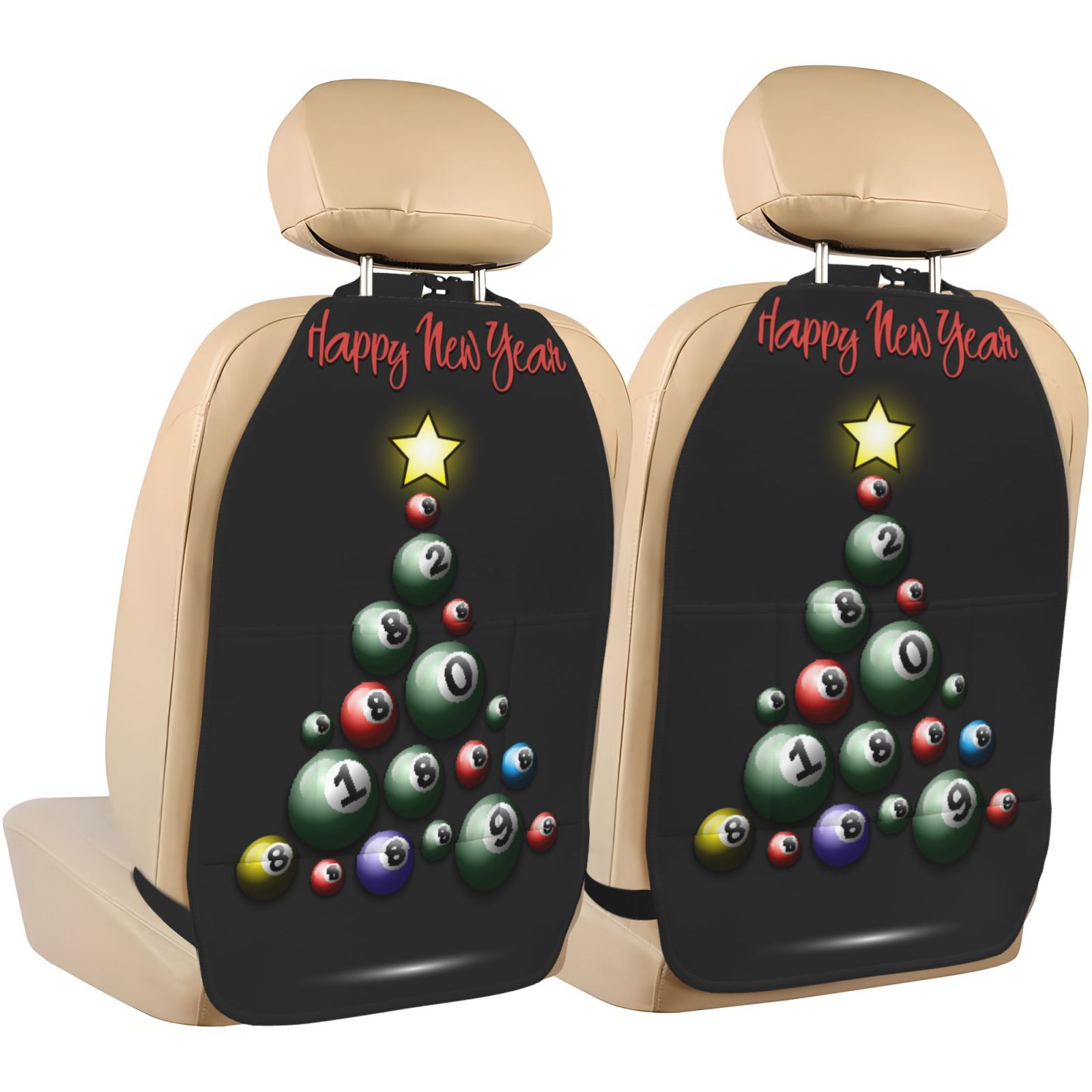 Kdxio Happy New Year1 Print 2 Pack Car Kick Mat Seat Cover Back Protector Mat with Pockets for Organizer Backseat Protector and Storage Anti Kick Pad for Vehicles