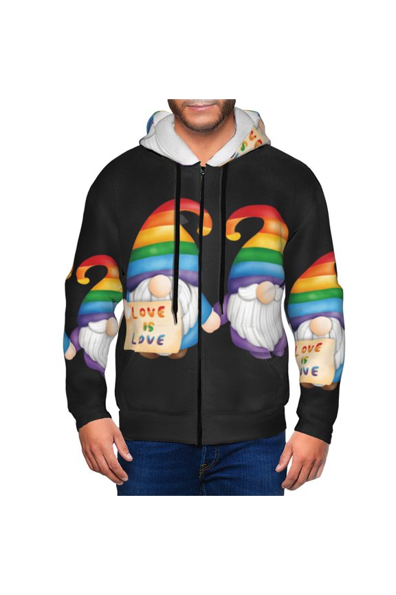 Happy Pride Gnome Print Men Hoodies Casual Hoodies for Men with Zip Pockets Full Zip Long Sleeve Sweatshirt Sports Hooded Jacket-Medium