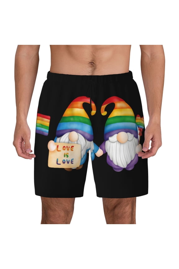 Happy Pride Gnome Print Men's Swim Trunks with Compression Liner 7 Inch Inseam Quick Dry Swim Shorts