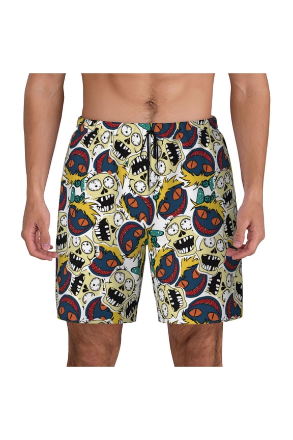 Happy Skeleton Print Men's Swim Trunks with Compression Liner 7 Inch Inseam Quick Dry Swim Shorts