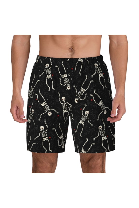 Happy Skeletons Dancing Print Men's Swim Trunks with Compression Liner 7 Inch Inseam Quick Dry Swim Shorts
