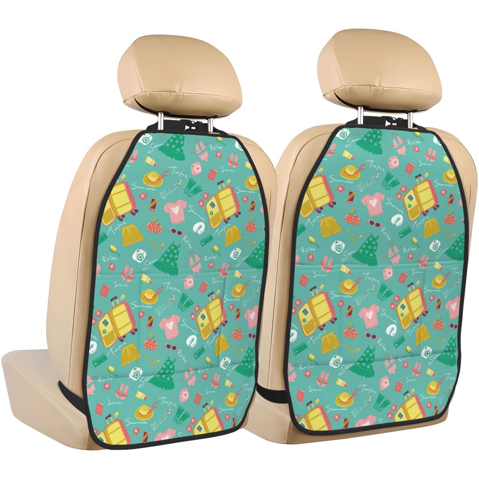 Kdxio Happy Summer Print 2 Pack Car Kick Mat Seat Cover Back Protector Mat with Pockets for Organizer Backseat Protector and Storage Anti Kick Pad for Vehicles