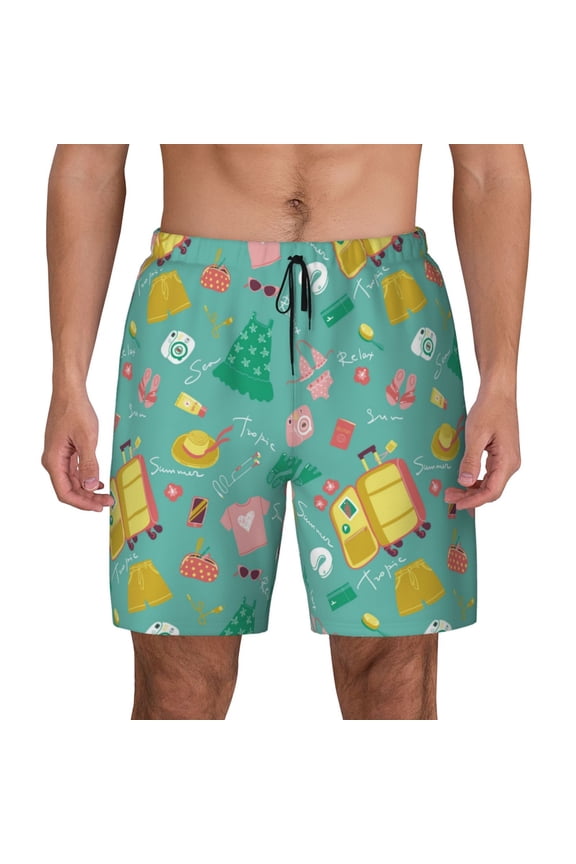 Happy Summer Print Men's Swim Trunks with Compression Liner 7 Inch Inseam Quick Dry Swim Shorts