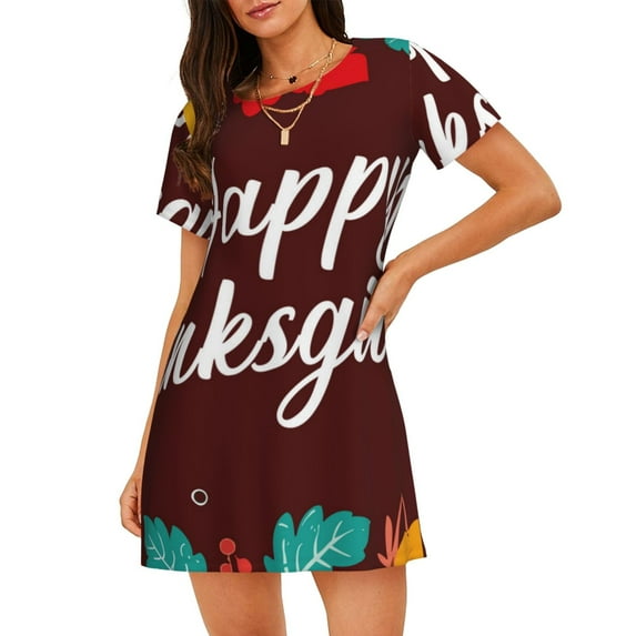Kdxio Happy Thanksgiving Pattern Womens Short Sleeve Sleepshirt Scoopneck Cute Nightdress Ruffle Comfy Nightgown