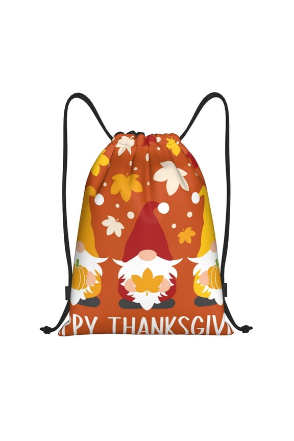 Happy Thanksgiving Three Gnomes Print Drawstring Backpack Bag,Waterproof Draw String Back Sack, Gym Drawstring Bags Swim Bag For Unisex