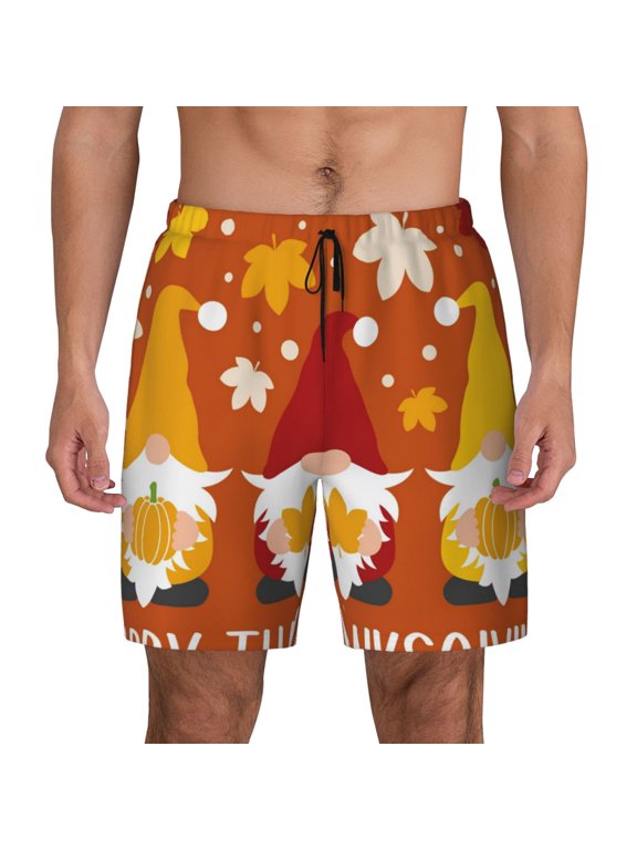 Happy Thanksgiving Three Gnomes Print Men's Swim Trunks with Compression Liner 7 Inch Inseam Quick Dry Swim Shorts