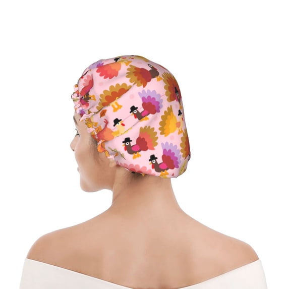 Kdxio Happy Thanksgiving Turkey Print Shower Cap for Women,Elastic and Reusable,Double Waterproof Layers Bathing Hat