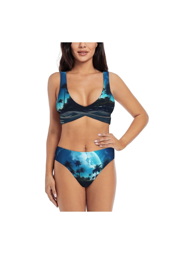 Hawaiian Beach Pirate Moon Print Women's 2 Piece High Waisted Wrap Spaghetti Strap Summer Swimsuit Bikini Set-Medium