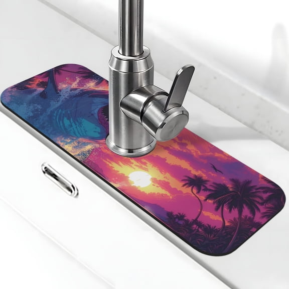 Kdxio Hawaiian Island Beach Shark Pattern Non-Slip Diatom Mud Faucet Drain Pad,Self Absorbent Mat for Kitchen Sink for Variety Kitchen & Bathroom Countertops