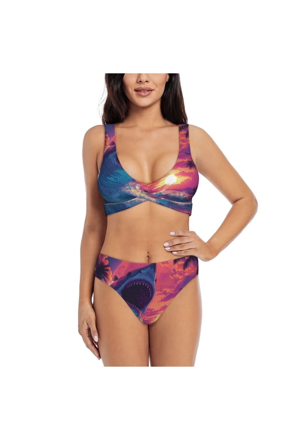 Hawaiian Island Beach Shark Print Women's 2 Piece High Waisted Wrap Spaghetti Strap Summer Swimsuit Bikini Set-Medium