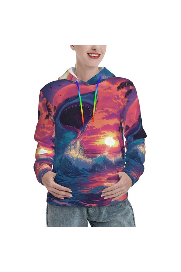 Hawaiian Island Beach Shark Print Womens Oversized Hoodies Sweatshirts Hooded Pullover Tops Sweaters Casual-Large