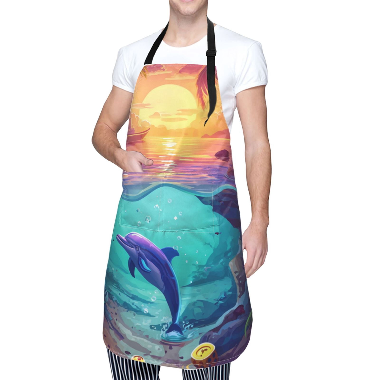 Kdxio Hawaiian Island Dolphin Apron with Pockets Adjustable Kitchen Aprons for Men Women Waterproof Aprons for Cooking,Drawing,Crafting, Baking Household Cleaning