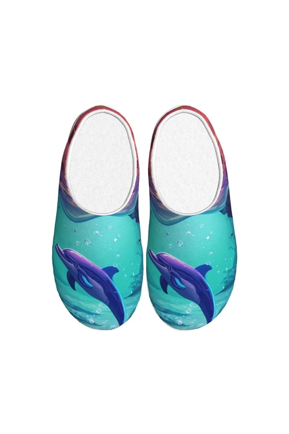 Hawaiian Island Dolphin Women's Men's Slippers Plush Slip-On House Slipper for Winter Indoor Soft Cushion Non-slip Fluffy Slides Slippers-35/36