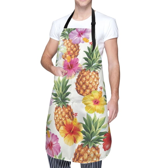 Kdxio Hawaiian Pineapples And Hibiscus Flowers Apron with Pockets Adjustable Kitchen Aprons for Men Women Waterproof Aprons for Cooking,Drawing,Crafting, Baking Household Cleaning
