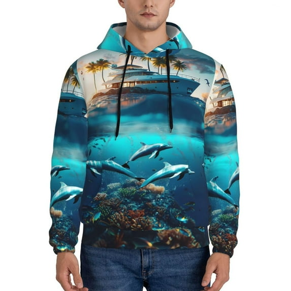 Kdxio Hawaiian Ship Dolphin Print Mens Casual Hooded Collar Drawstring Hoodies Pullover Sweatshirts Casual Long Sleeve Shirts-XX-Large