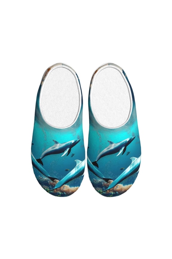 Hawaiian Ship Dolphin Women's Men's Slippers Plush Slip-On House Slipper for Winter Indoor Soft Cushion Non-slip Fluffy Slides Slippers-35/36