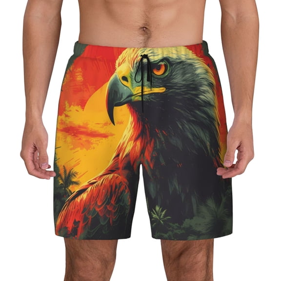 Kdxio Hawaiian Style Bald Eagle Print Men's Swim Trunks with Compression Liner 7 Inch Inseam Quick Dry Swim Shorts