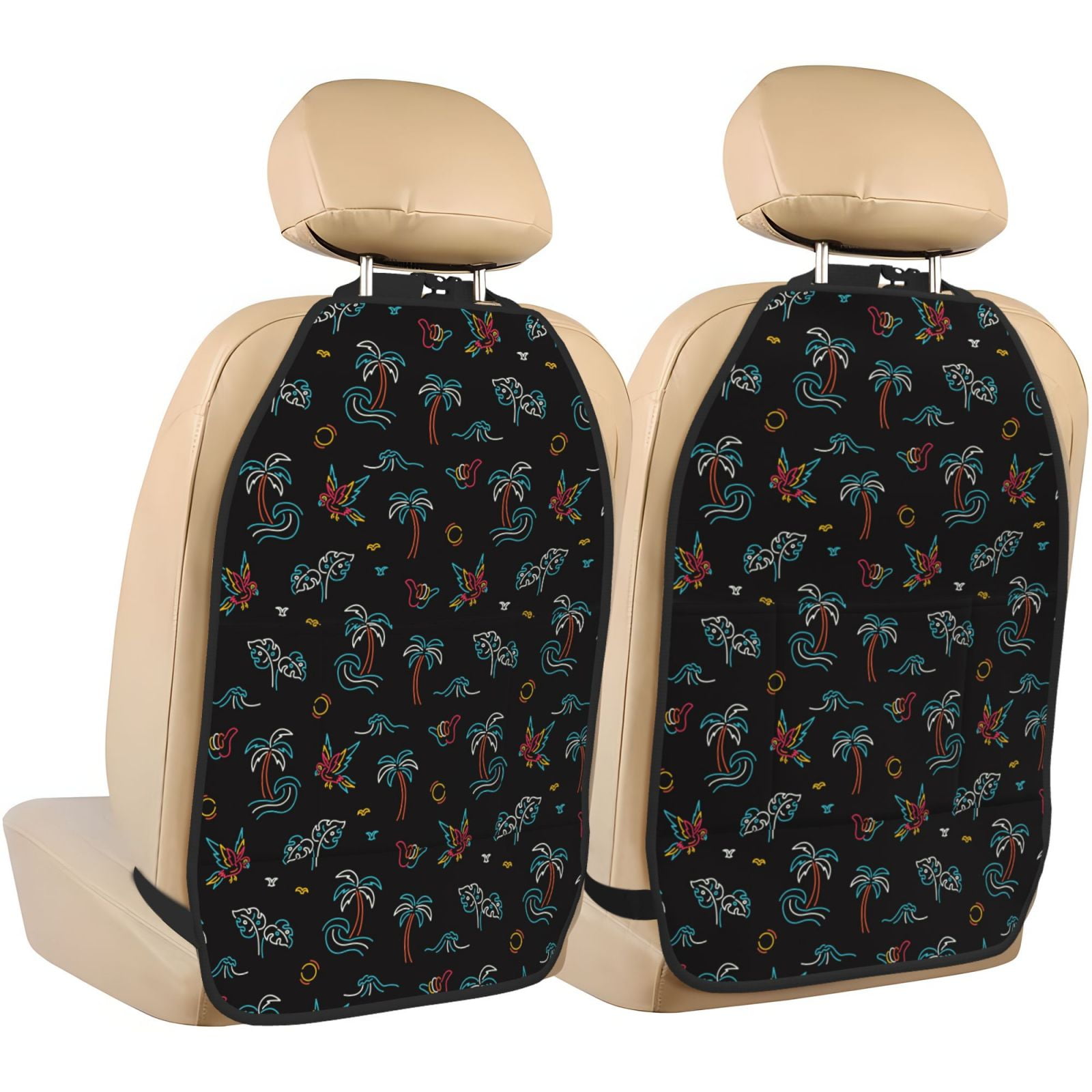 Kdxio Hawaiian Style Print 2 Pack Car Kick Mat Seat Cover Back Protector Mat with Pockets for Organizer Backseat Protector and Storage Anti Kick Pad for Vehicles