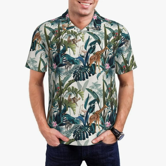 Kdxio Hawaiian Style Print Men's Short Sleeve Polo Shirt,Midweight Men's Shirt
